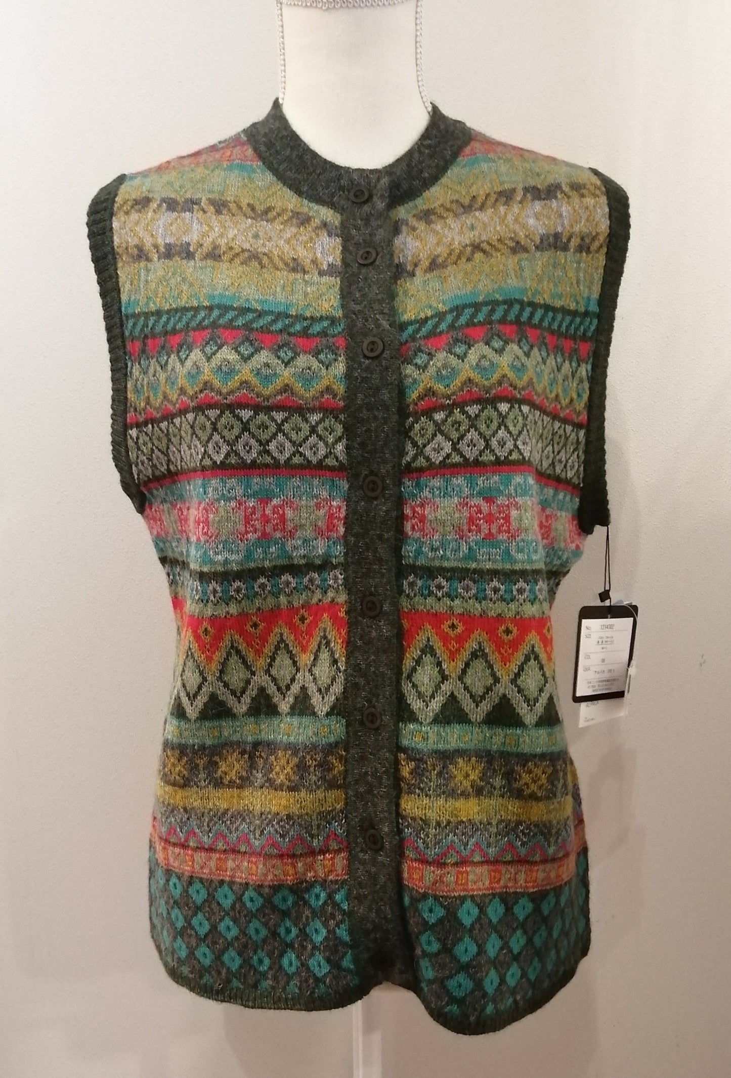 アルパカ 100% 総ジャガード ニット ベスト グリーン