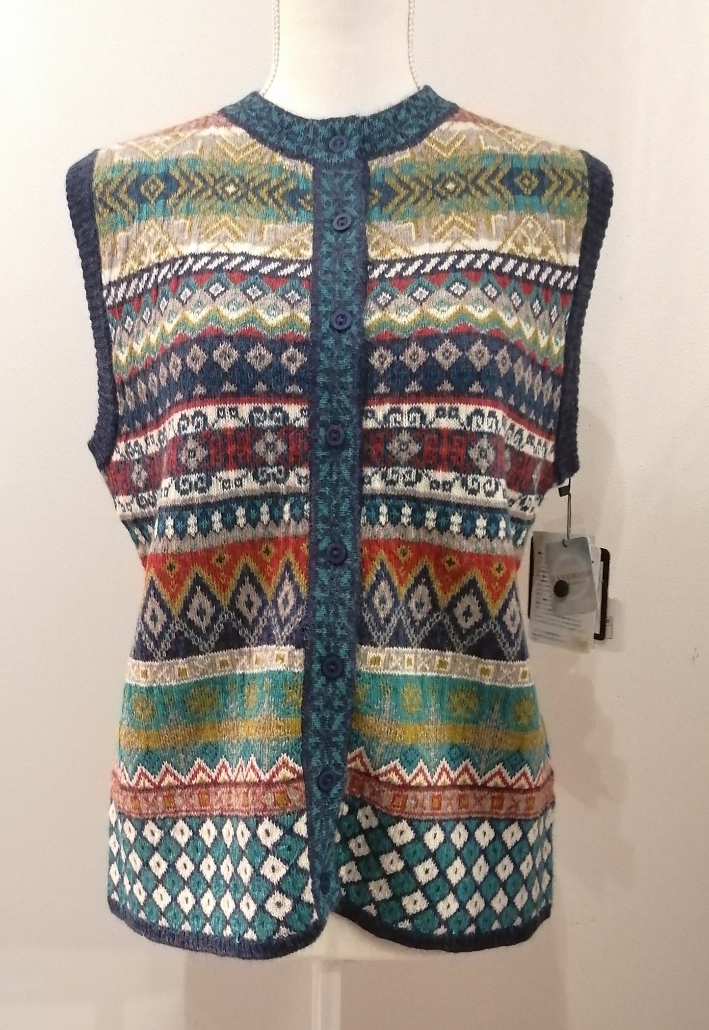 アルパカ 100% 総ジャガード ニット ベスト マリンブルー