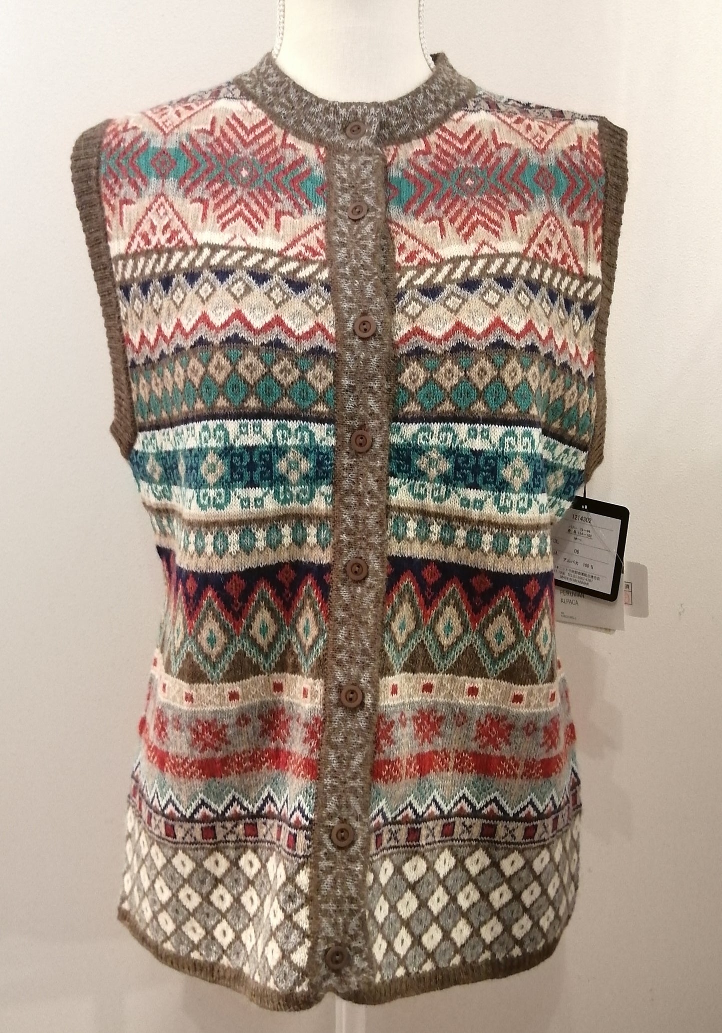 アルパカ 100% 総ジャガード ニット ベスト ブラウン