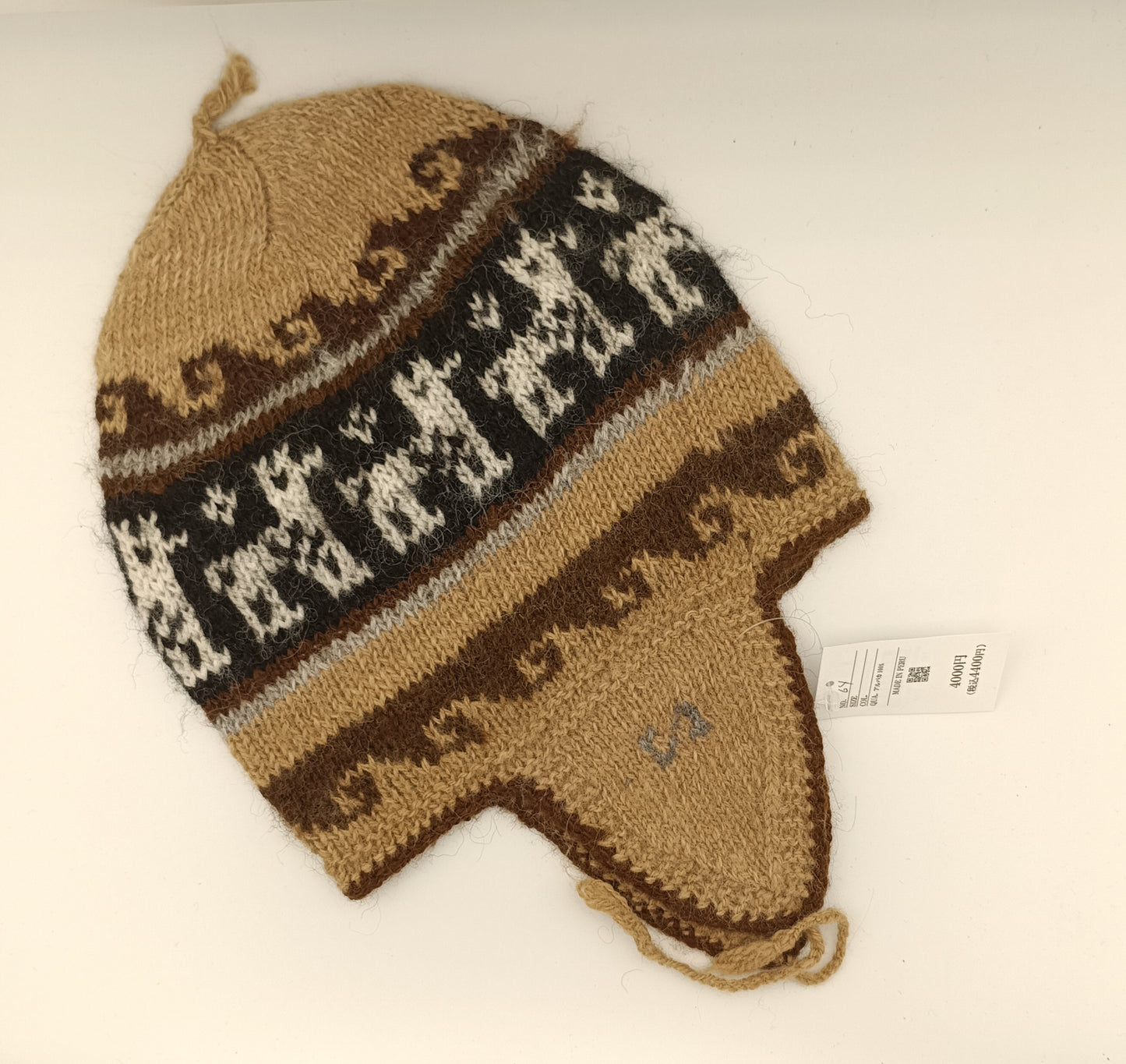 アルパカ帽子 100% 手編み 耳当て付き YAHT064