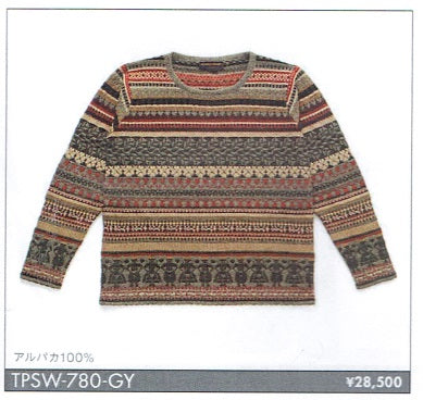 アルパカカーセーター　100% 　幾何学模様　TPSW-780-GY　＊限定特価品
